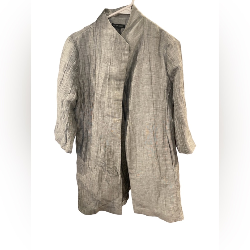 Eileen Fisher Jacket Womens S Petite Gray Double Weave Crinkle Sheen Kimono
